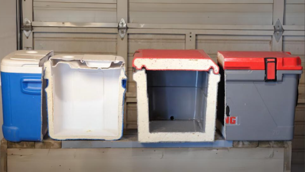 Cross-sectional comparison of insulation thickness in basic (left) and high-end coolers (right)