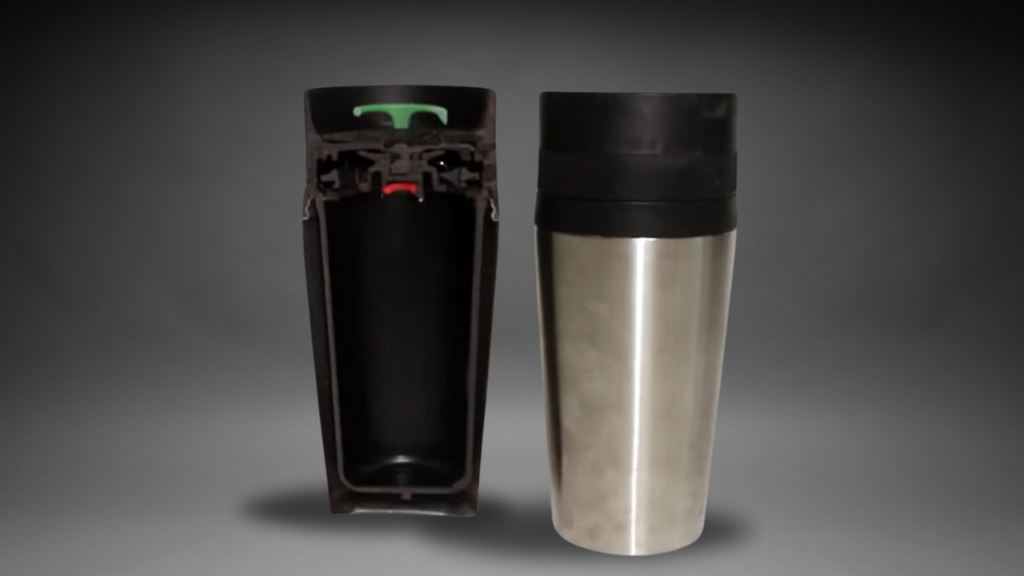 Cross section of double-wall construction within an insulated travel mug.