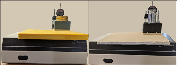 Set up of the NIST 1450D (left) and plasterboard (right) samples in the Thermtest HFM-25